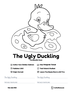 The Ugly Duckling fairy tale worksheet with coloring page, facts, and handwriting practice