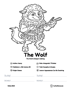 The wolf sheep fable worksheet with coloring page, facts, and handwriting practice for kids