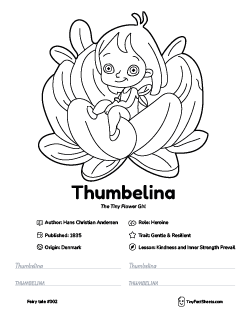 Thumbelina fairy tale worksheet with coloring page, facts, and handwriting practice