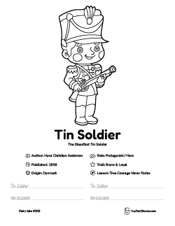Tin Soldier fairy tale worksheet with coloring page, facts, and handwriting practice