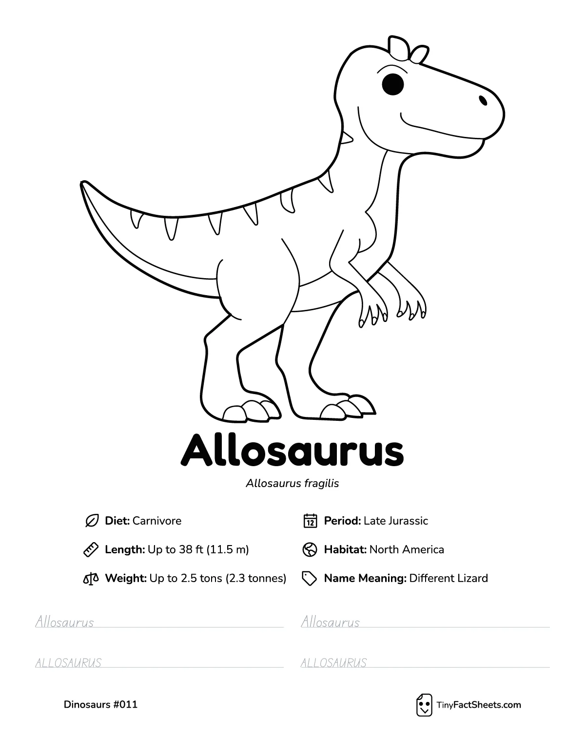 allosaurus dinosaur worksheet with coloring page, facts, and handwriting practice for kids