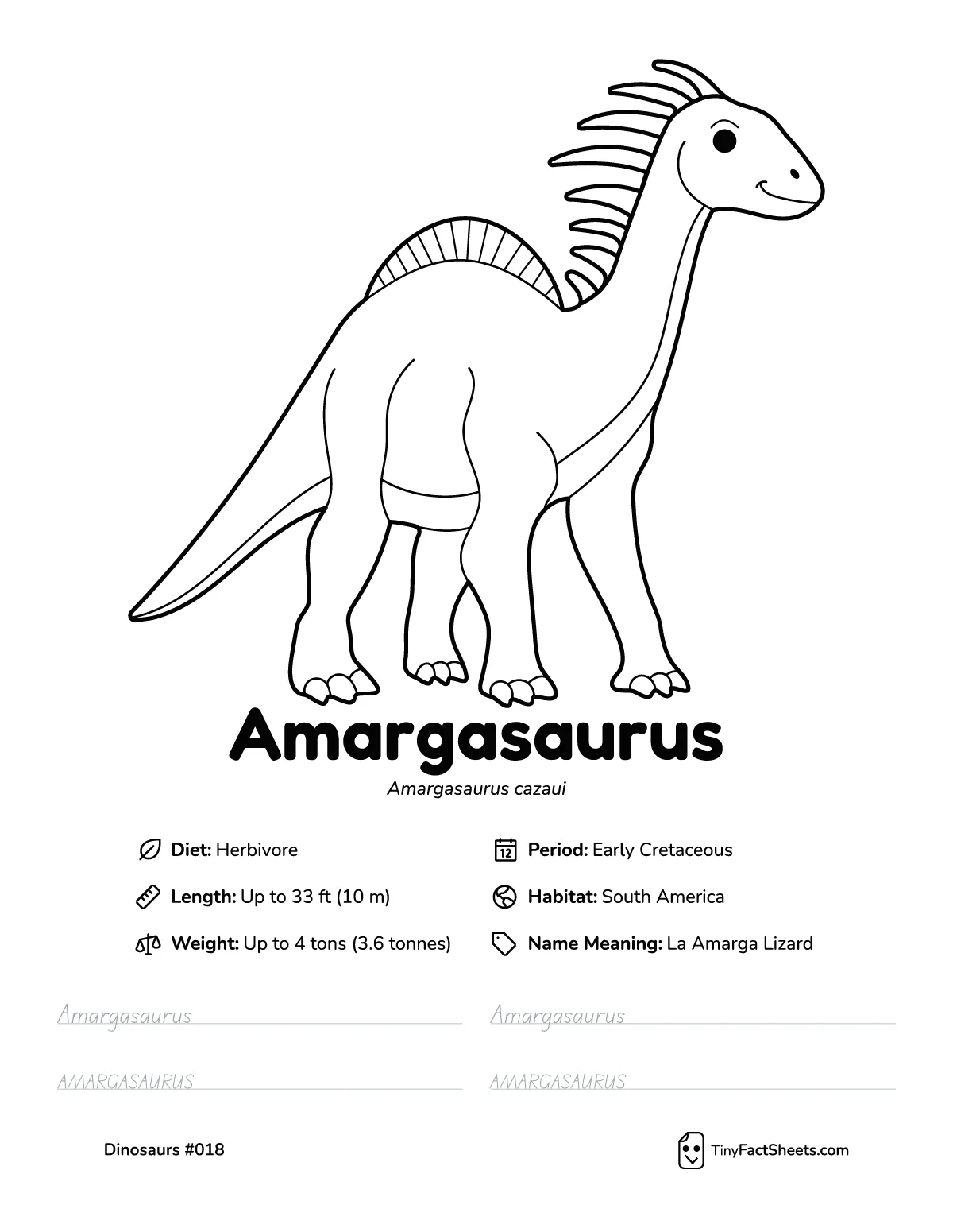 amargasaurus dinosaur worksheet with coloring page, facts, and handwriting practice for kids