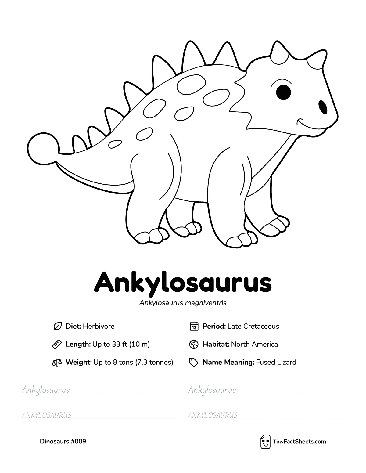 ankylosaurus dinosaur worksheet with coloring page, facts, and handwriting practice for kids