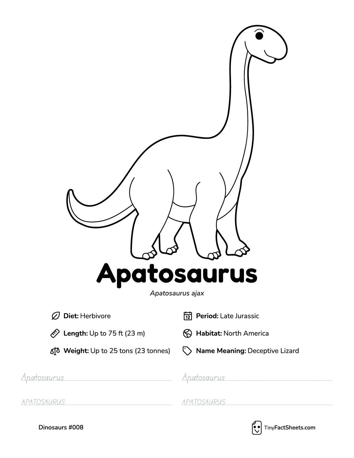 apatosaurus dinosaur worksheet with coloring page, facts, and handwriting practice for kids