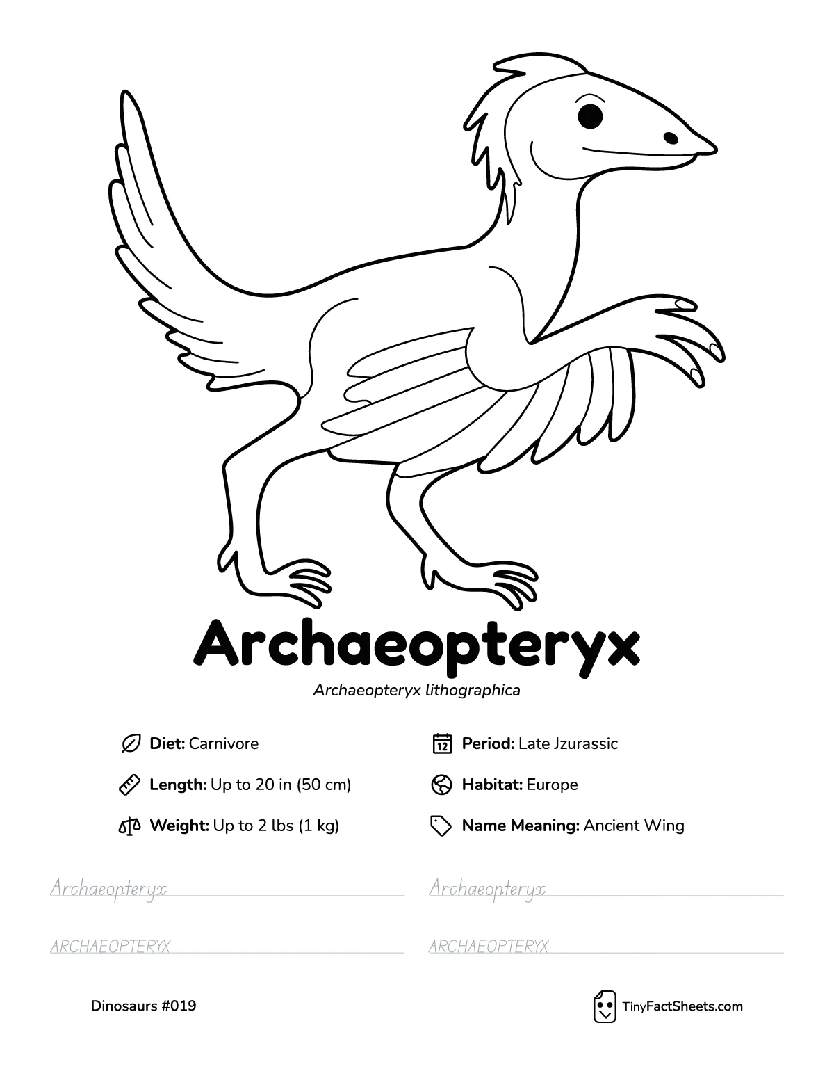 archaeopteryx dinosaur worksheet with coloring page, facts, and handwriting practice for kids