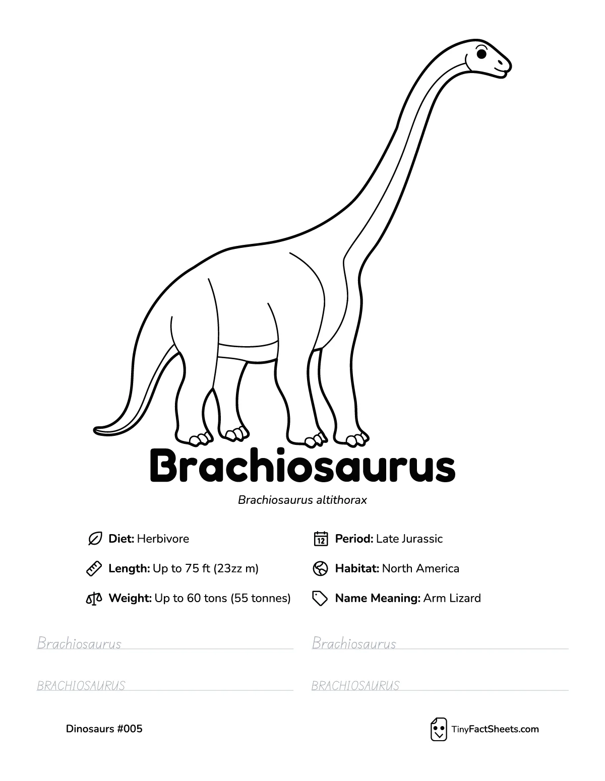 brachiosaurus dinosaur worksheet with coloring page, facts, and handwriting practice for kids
