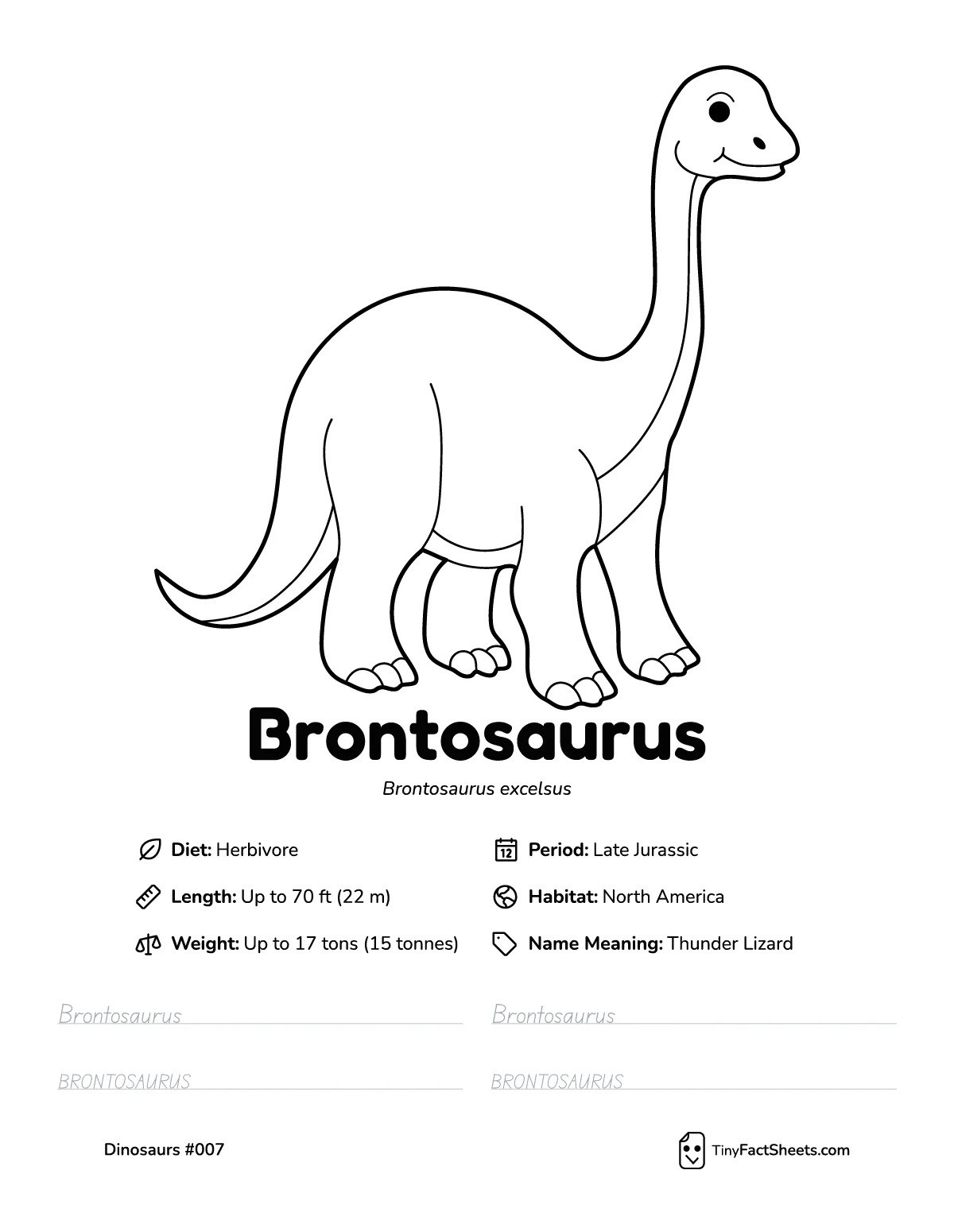 brontosaurus dinosaur worksheet with coloring page, facts, and handwriting practice for kids