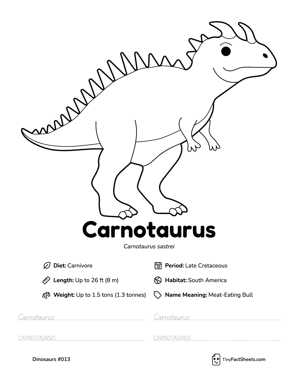 carnotaurus dinosaur worksheet with coloring page, facts, and handwriting practice for kids