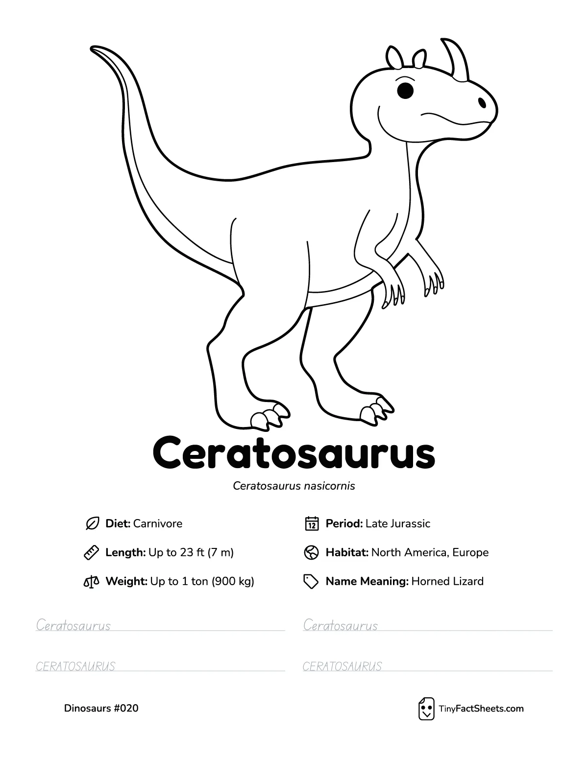 ceratosaurus dinosaur worksheet with coloring page, facts, and handwriting practice for kids