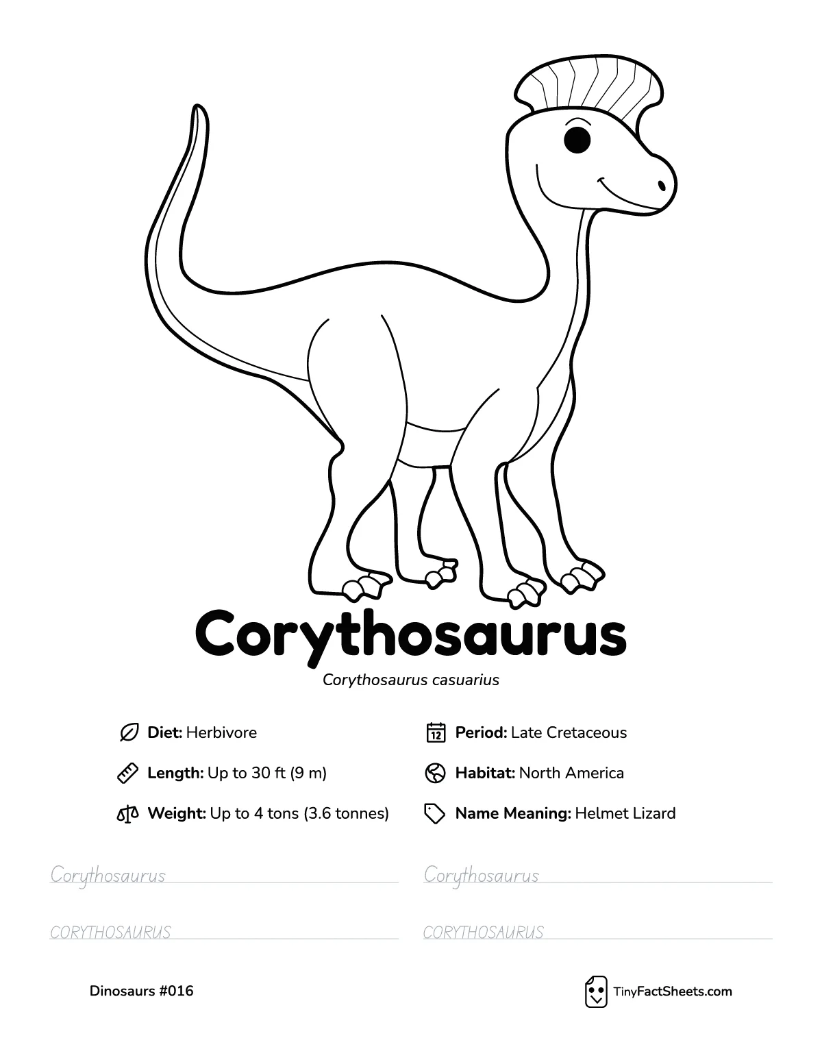 corythosaurus dinosaur worksheet with coloring page, facts, and handwriting practice for kids
