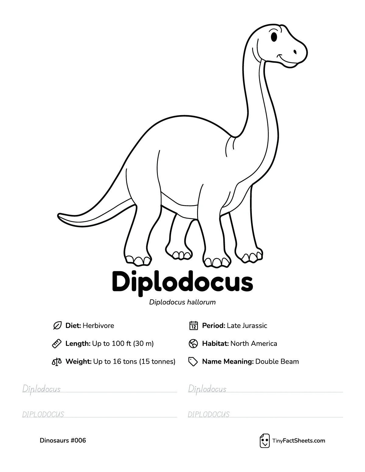 diplodocus dinosaur worksheet with coloring page, facts, and handwriting practice for kids