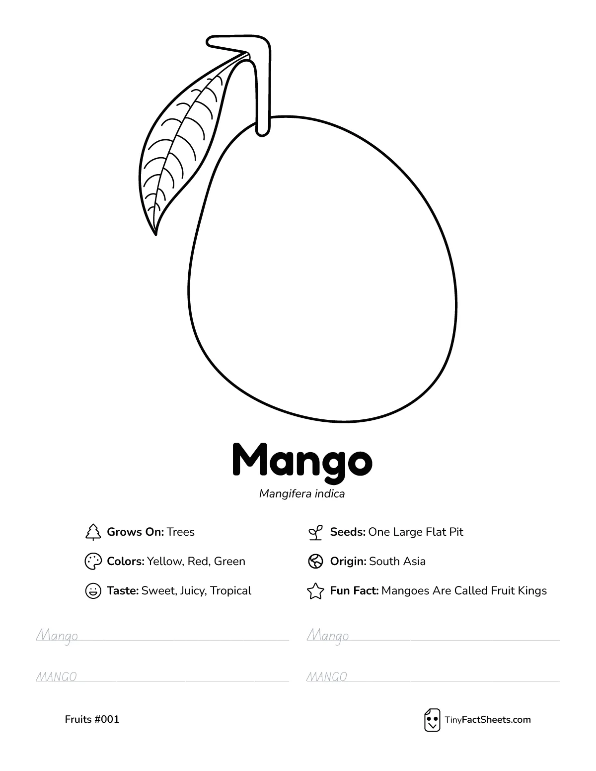 Mango fruit worksheet with coloring page, facts, and handwriting practice