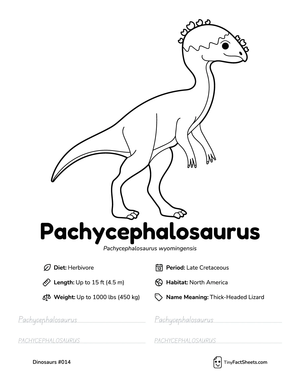 pachycephalosaurus dinosaur worksheet with coloring page, facts, and handwriting practice for kids