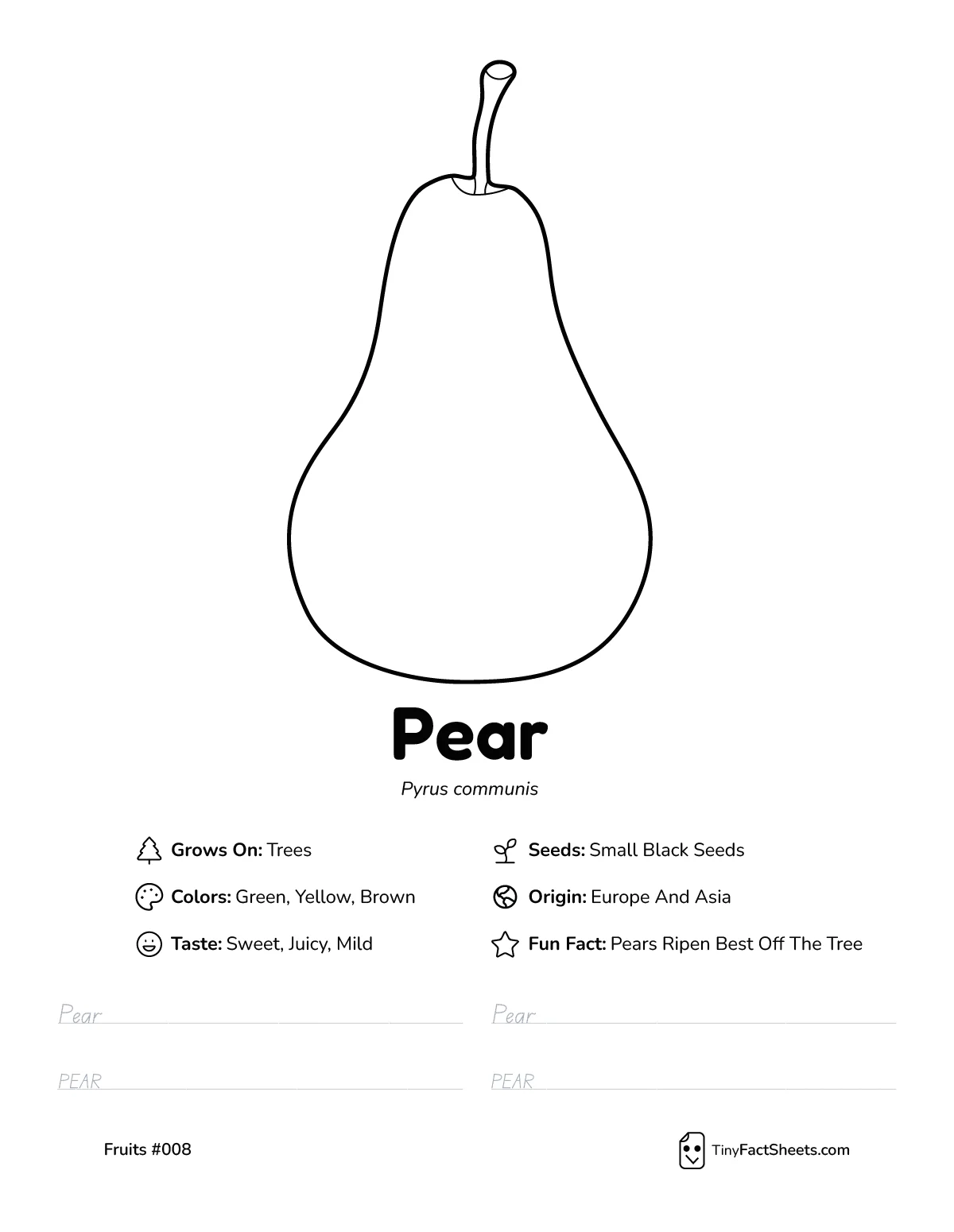 Pear fruit worksheet with coloring page, facts, and handwriting practice