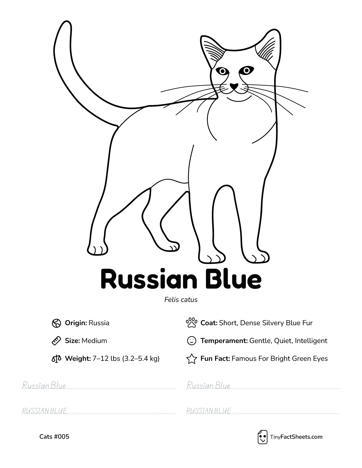 russian blue cat breed worksheet with coloring page, facts, and handwriting practice for kids