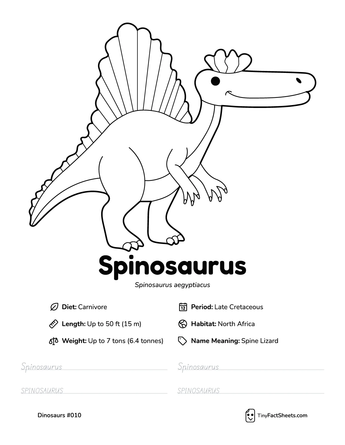 spinosaurus dinosaur worksheet with coloring page, facts, and handwriting practice for kids