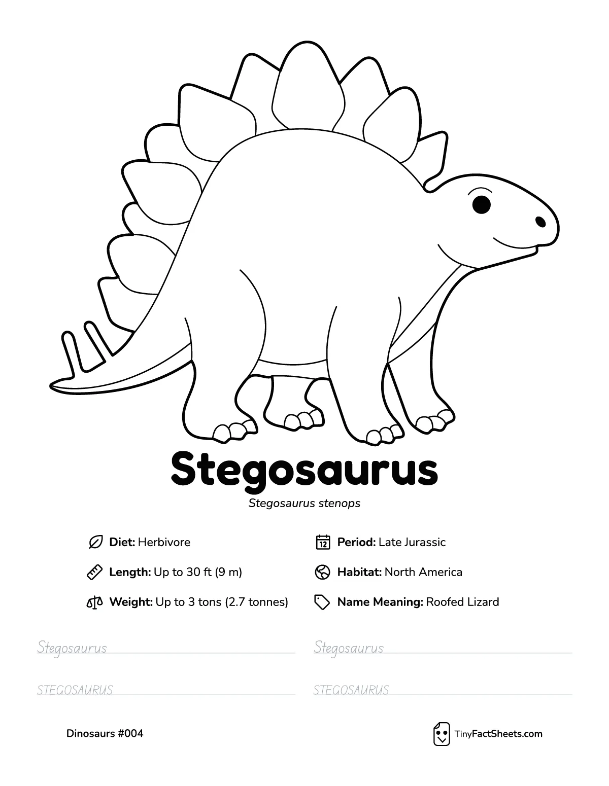 stegosaurus dinosaur worksheet with coloring page, facts, and handwriting practice for kids