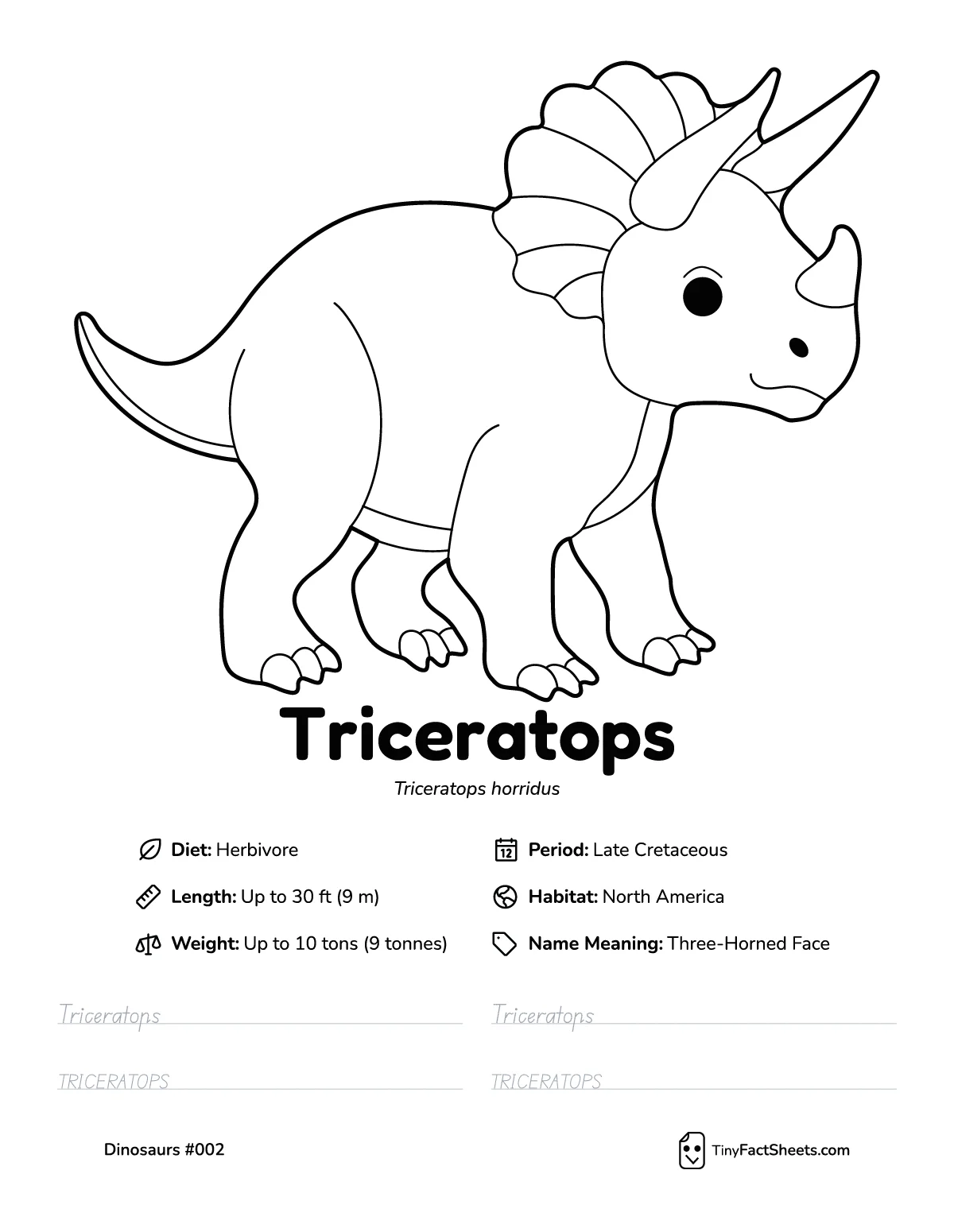 triceratops dinosaur worksheet with coloring page, facts, and handwriting practice for kids