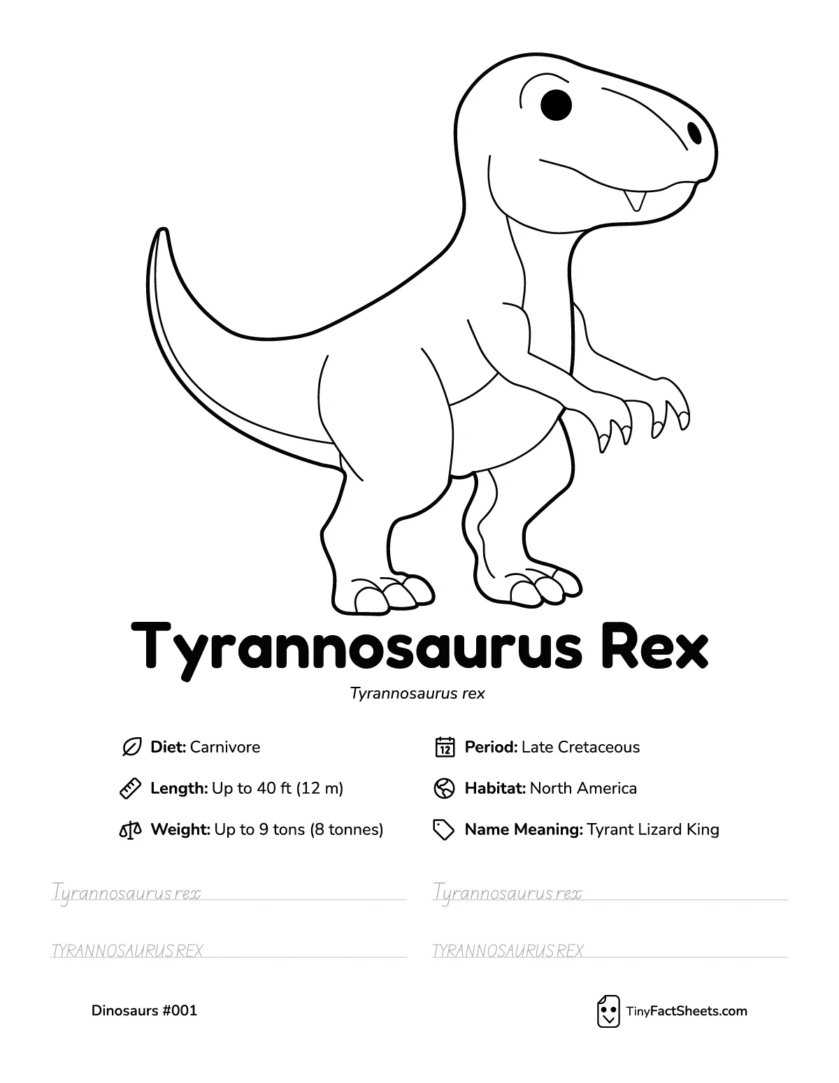 tyrannosaurus rex dinosaur worksheet with coloring page, facts, and handwriting practice for kids