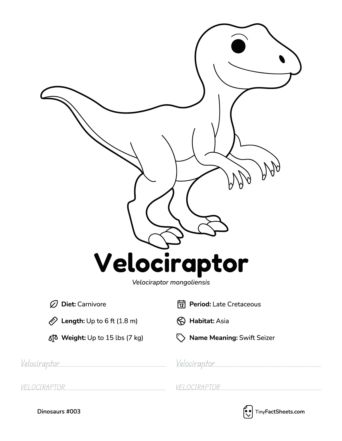 velociraptor dinosaur worksheet with coloring page, facts, and handwriting practice for kids
