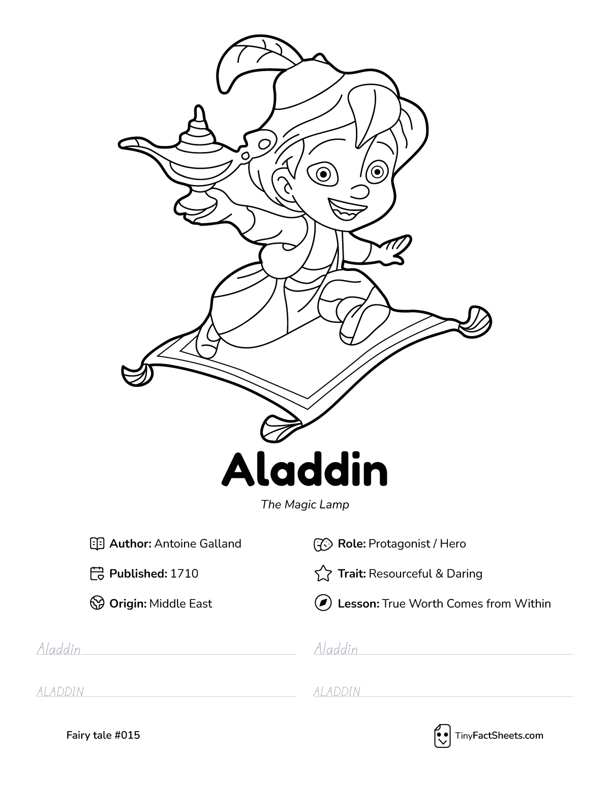 Aladdin fairy tale worksheet with coloring page, facts, and handwriting practice