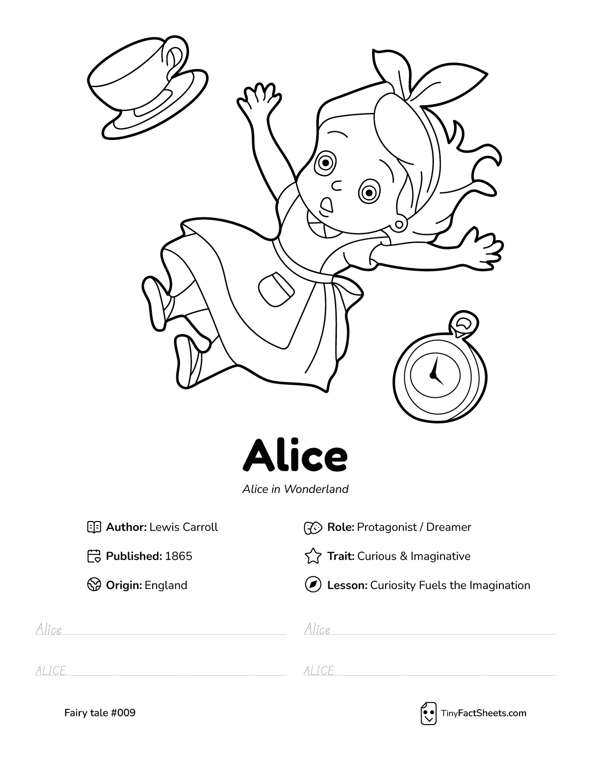 Alice fairy tale worksheet with coloring page, facts, and handwriting practice