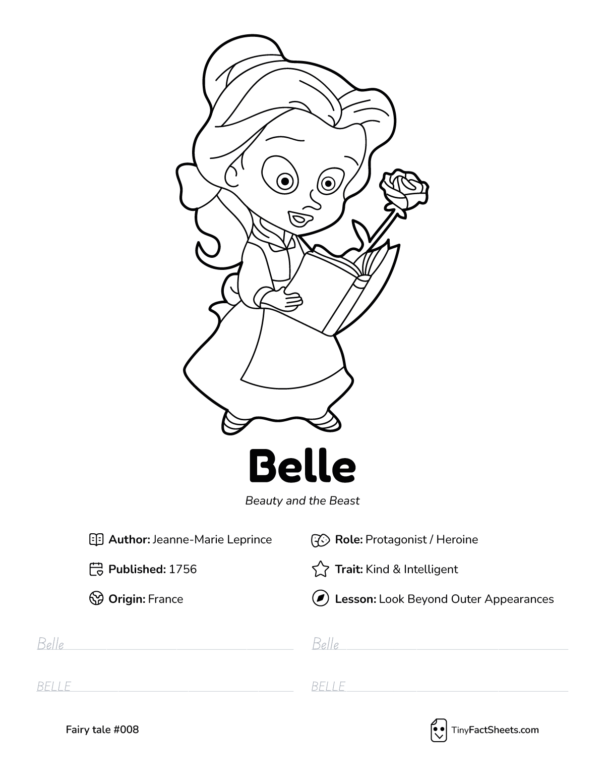 Belle fairy tale worksheet with coloring page, facts, and handwriting practice