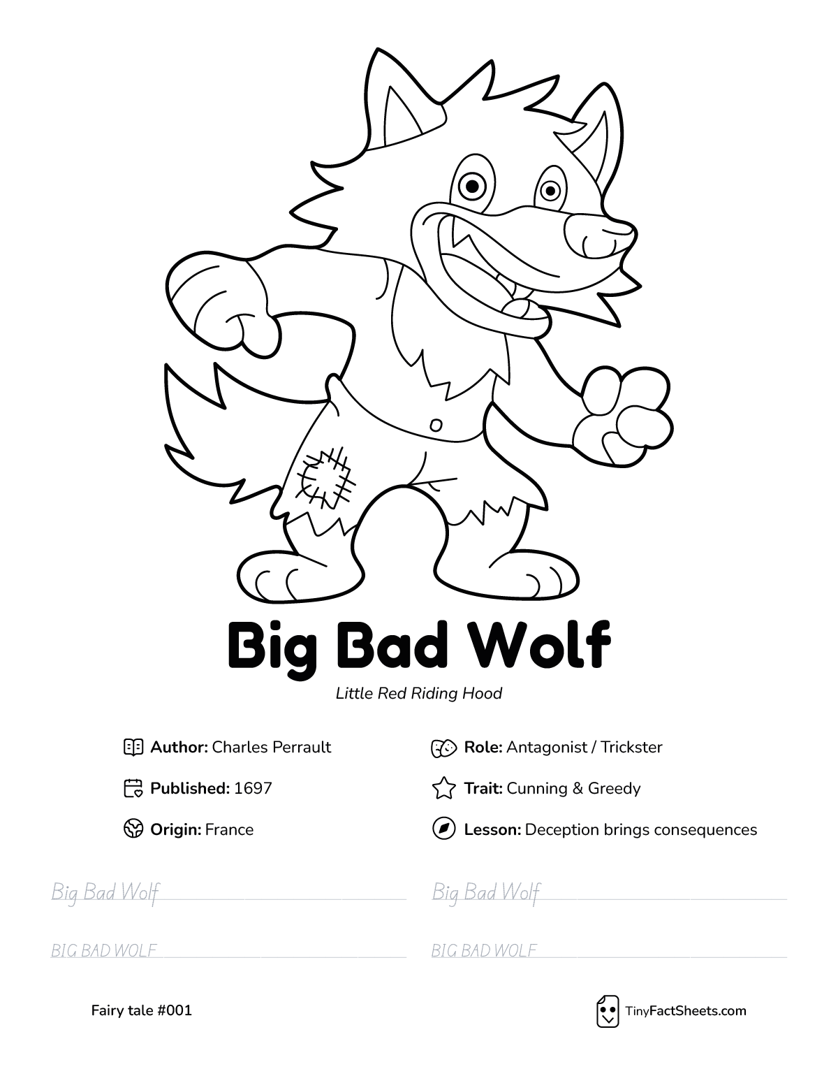 Big Bad Wolf fairy tale worksheet with coloring page, facts, and handwriting practice