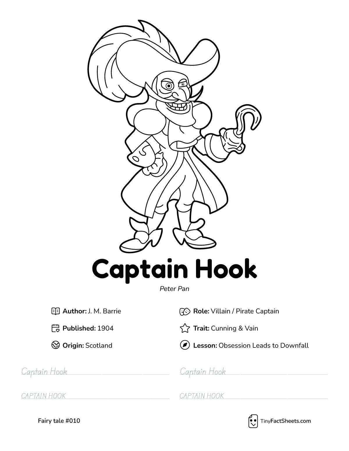 Captain Hook fairy tale worksheet with coloring page, facts, and handwriting practice