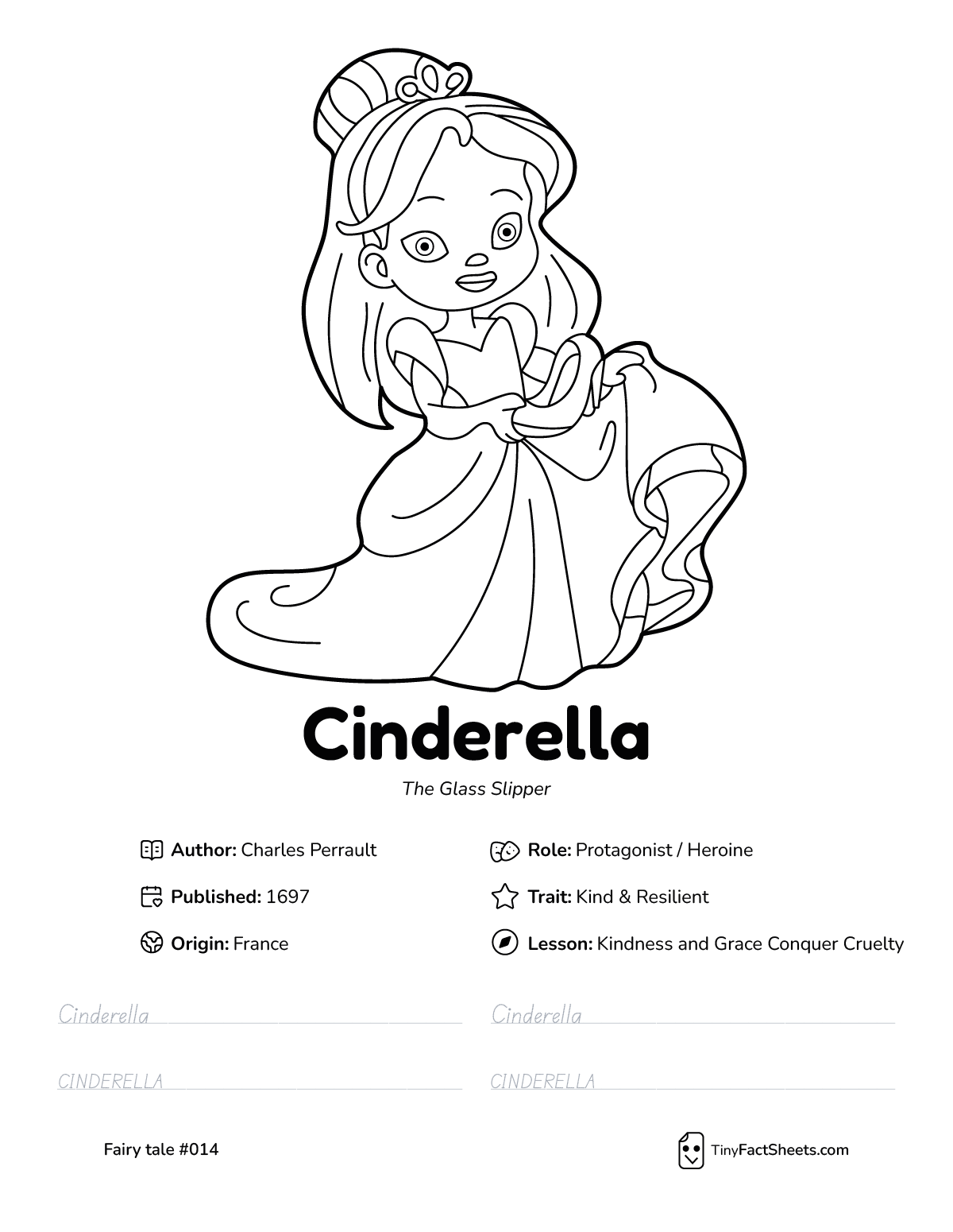 Cinderella fairy tale worksheet with coloring page, facts, and handwriting practice
