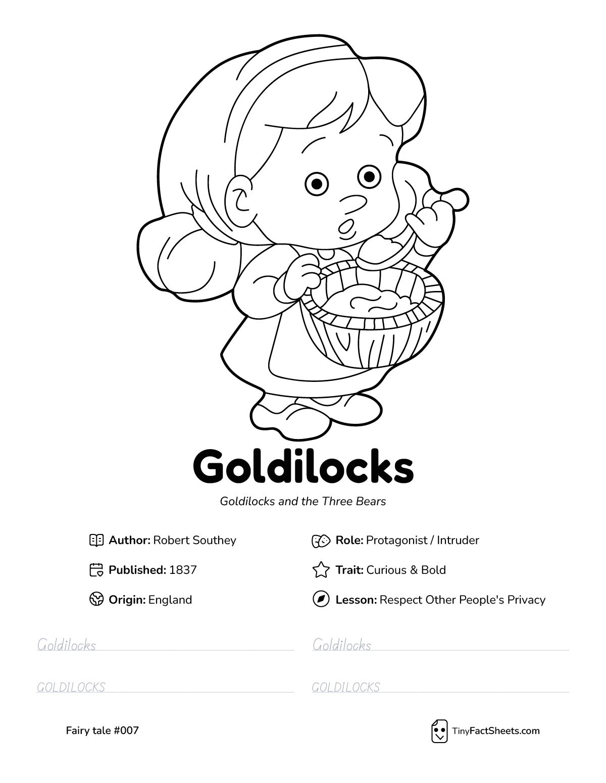 Goldilocks fairy tale worksheet with coloring page, facts, and handwriting practice