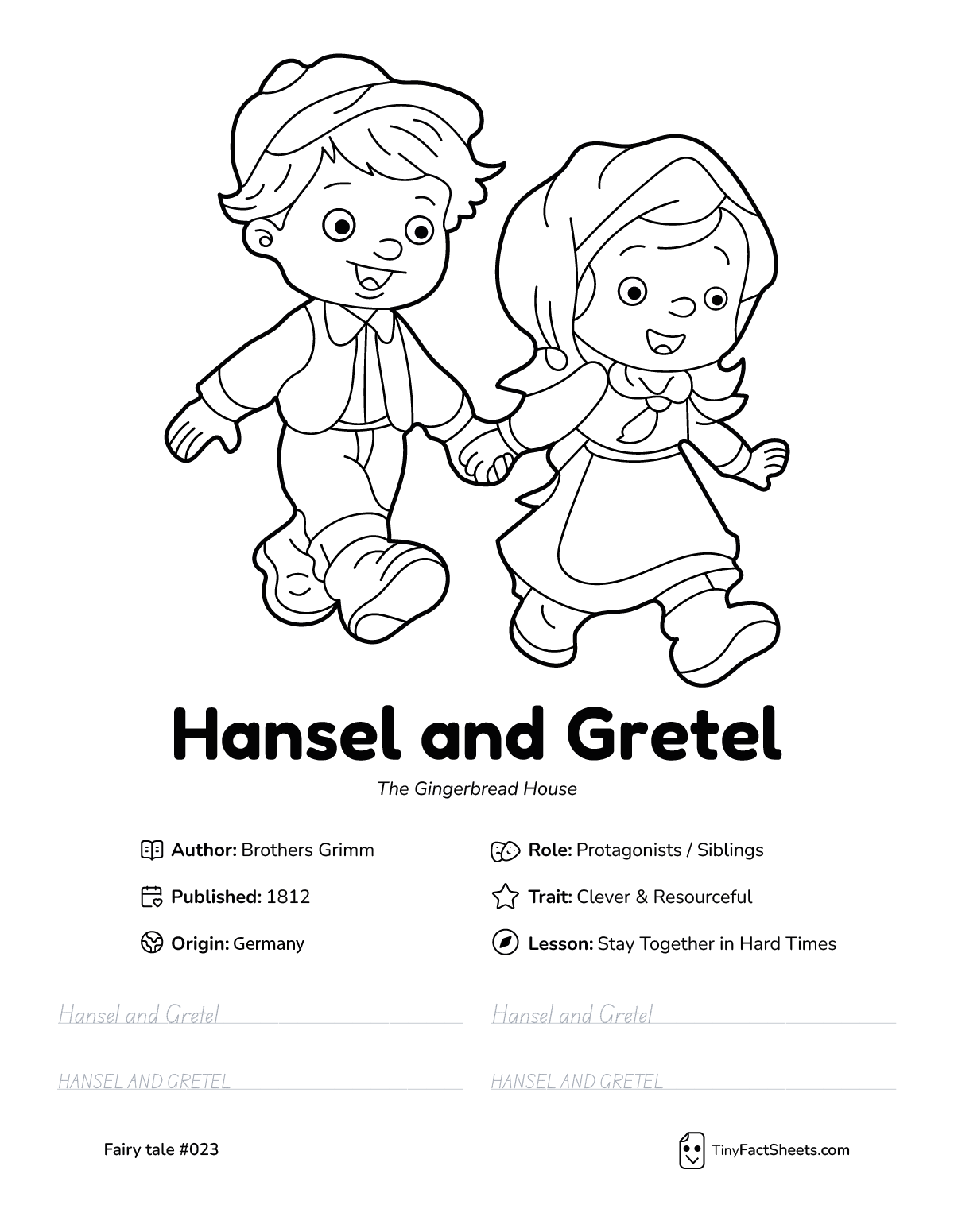 Hansel and Gretel fairy tale worksheet with coloring page, facts, and handwriting practice