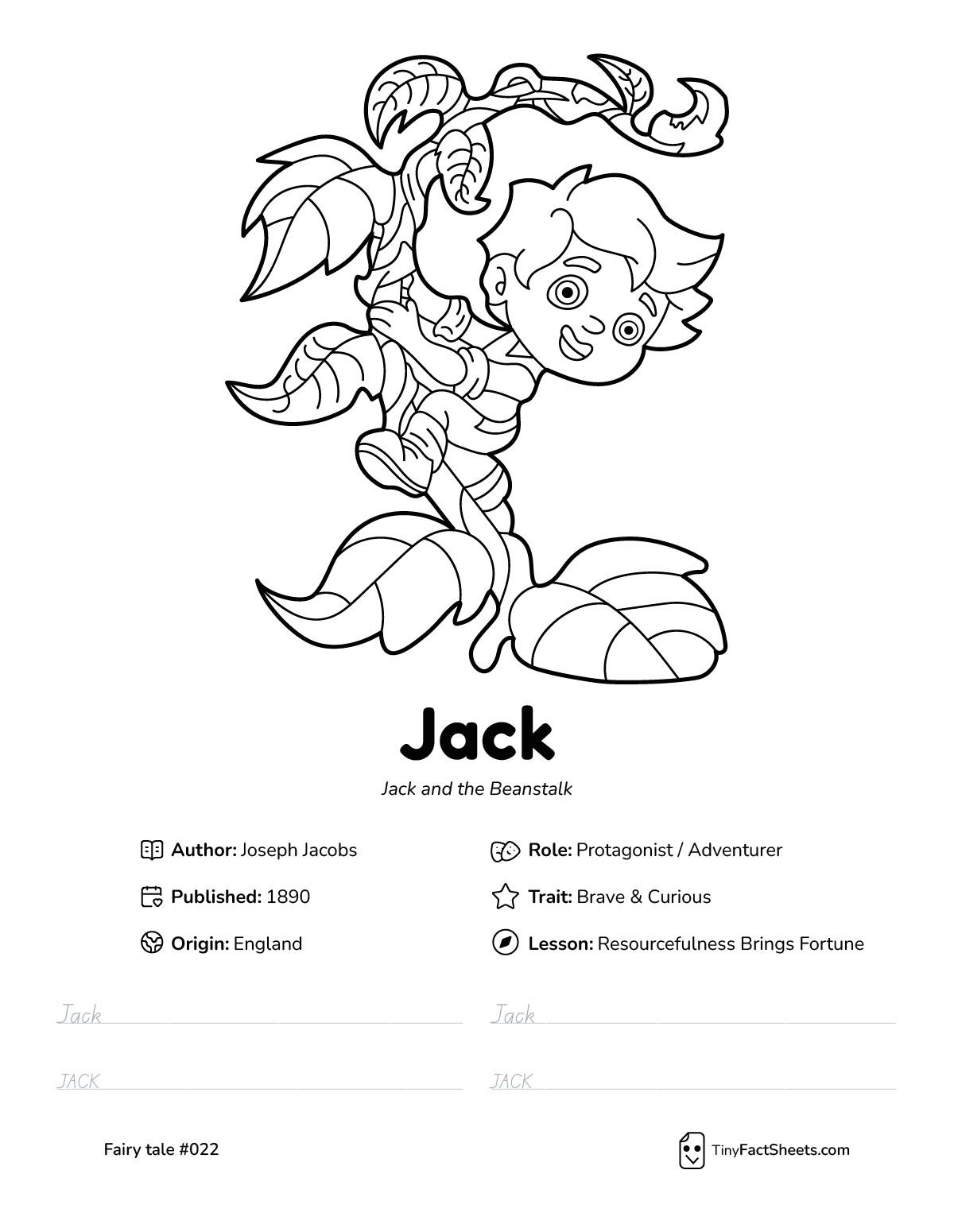 Jack fairy tale worksheet with coloring page, facts, and handwriting practice