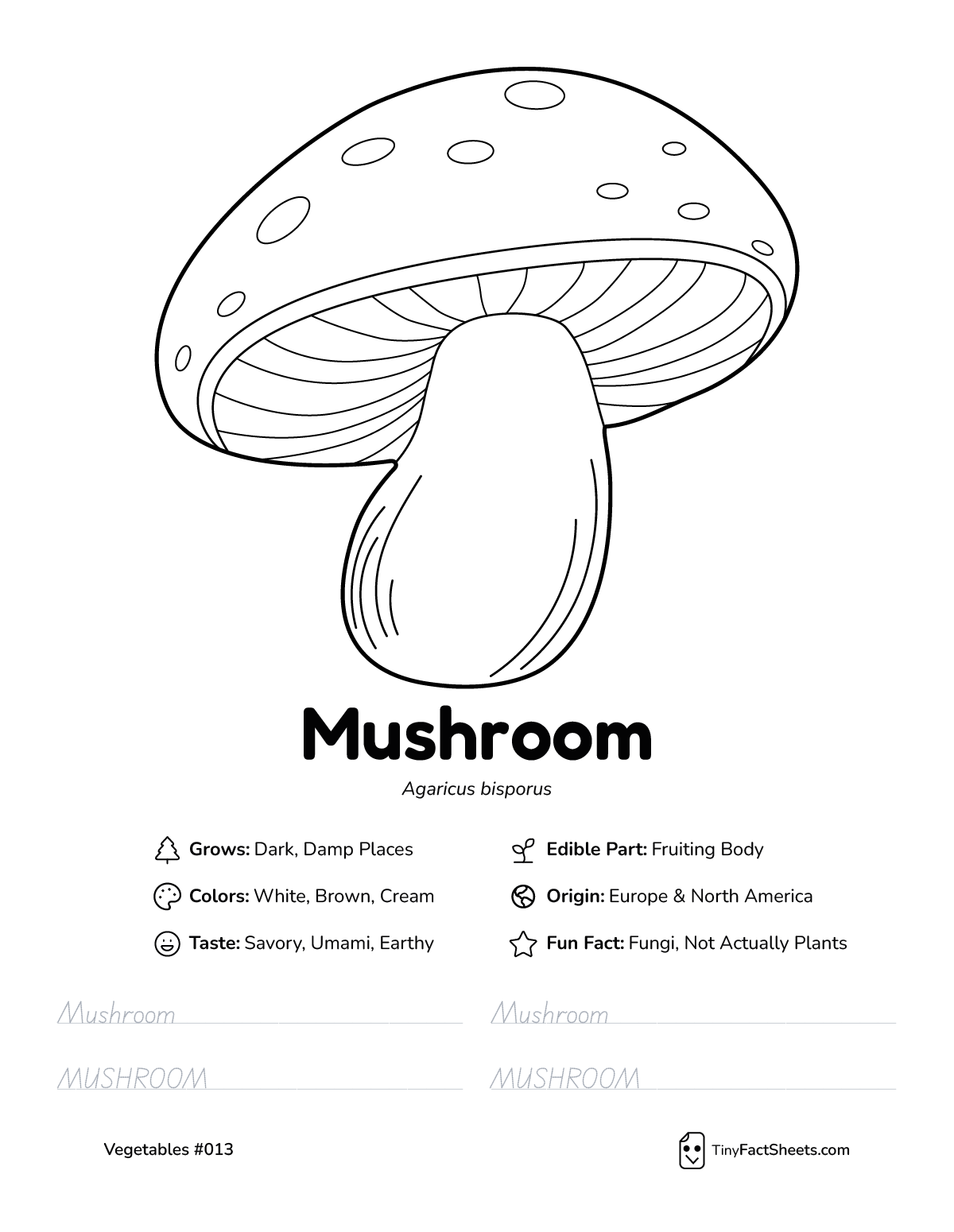 mushroom vegetable worksheet with coloring page, facts, and tracing practice