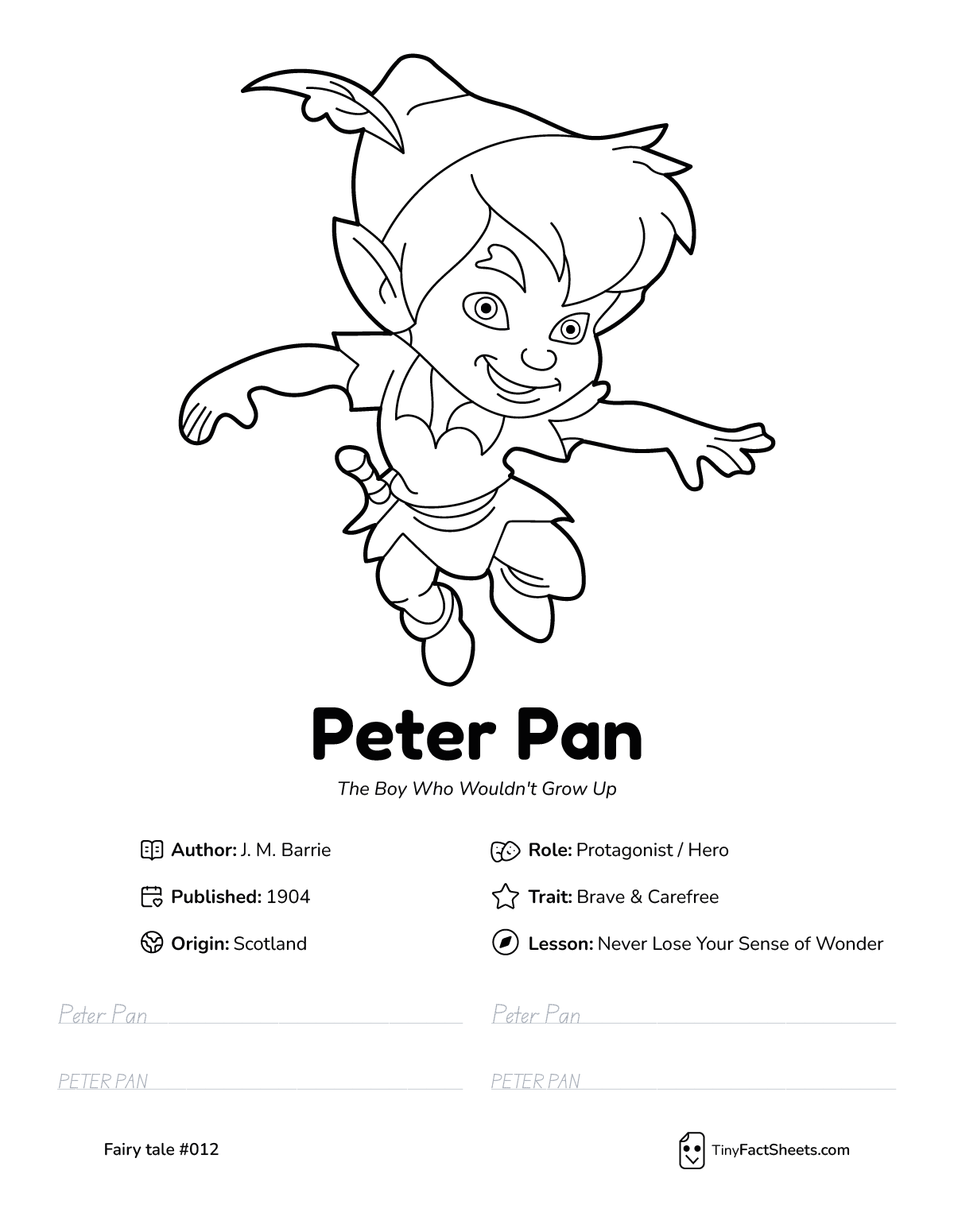 Peter Pan fairy tale worksheet with coloring page, facts, and handwriting practice for kids