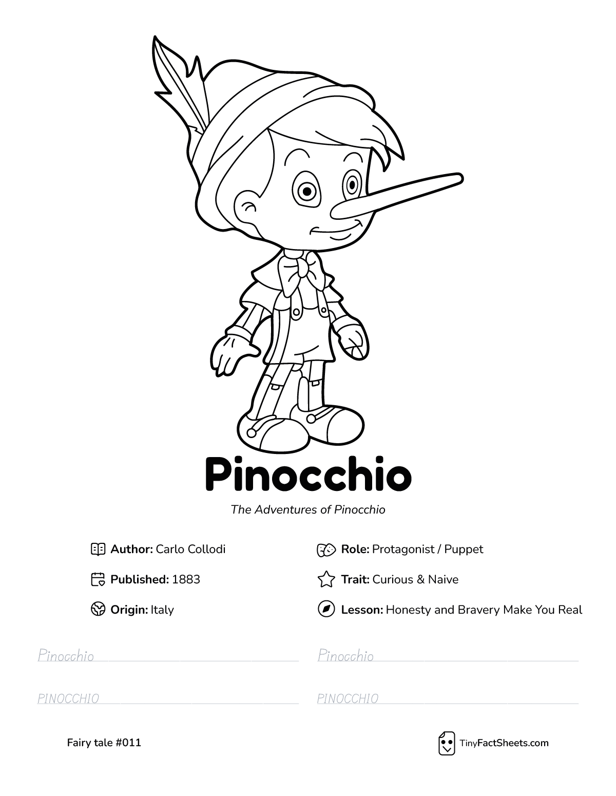Pinocchio fairy tale worksheet with coloring page, facts, and handwriting practice for kids