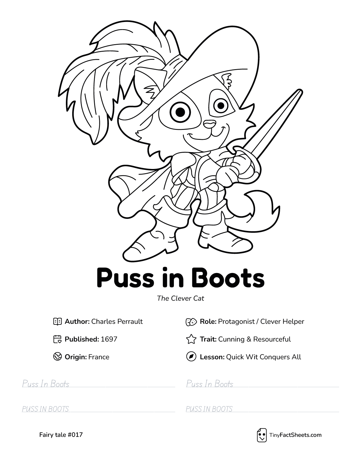 Puss in Boots fairy tale worksheet with coloring page, facts, and handwriting practice for kids