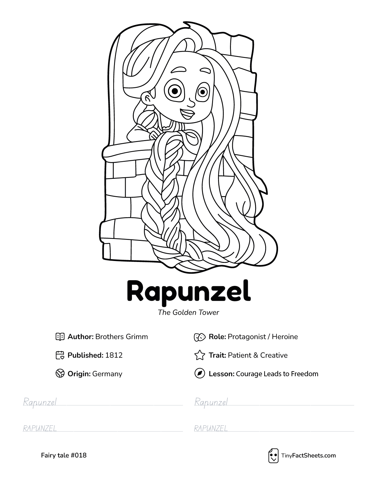 Rapunzel fairy tale worksheet with coloring page, facts, and handwriting practice for kids