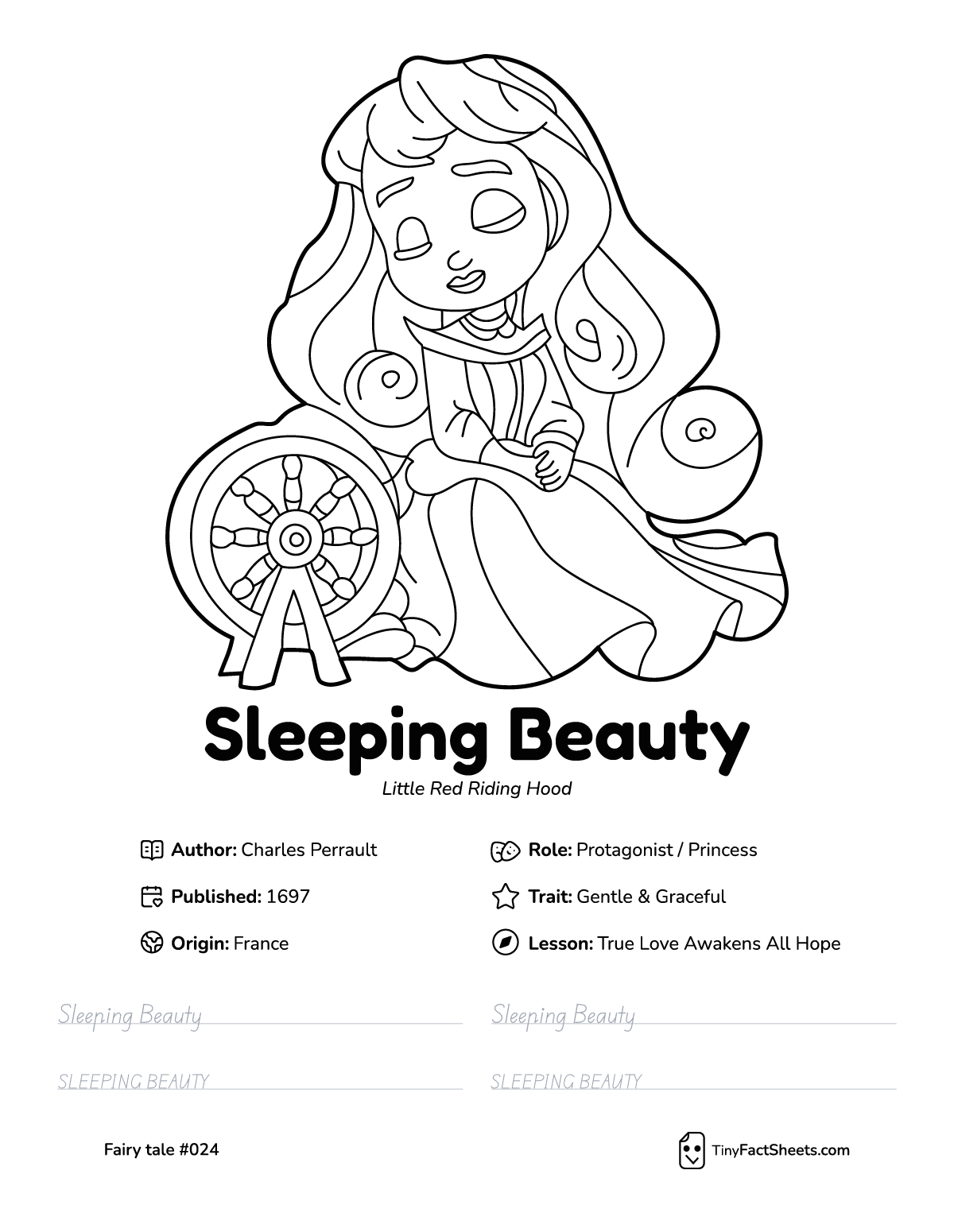 Sleeping Beauty fairy tale worksheet with coloring page, facts, and handwriting practice for kids