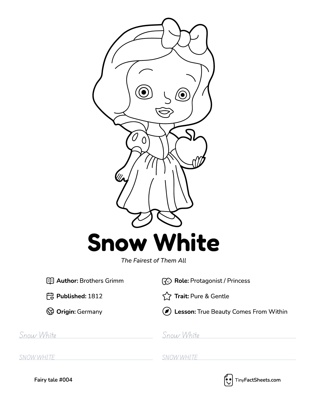 Snow White fairy tale worksheet with coloring page, facts, and handwriting practice for kids