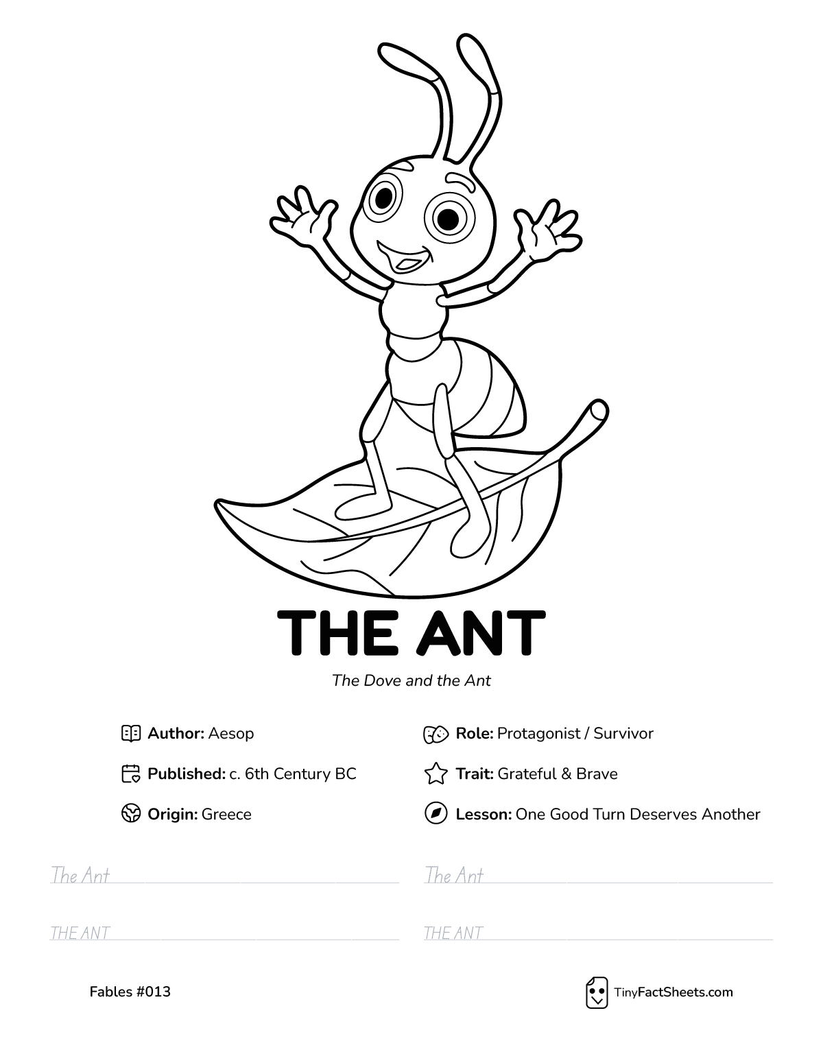 The ant dove fable worksheet with coloring page, facts, and handwriting practice for kids
