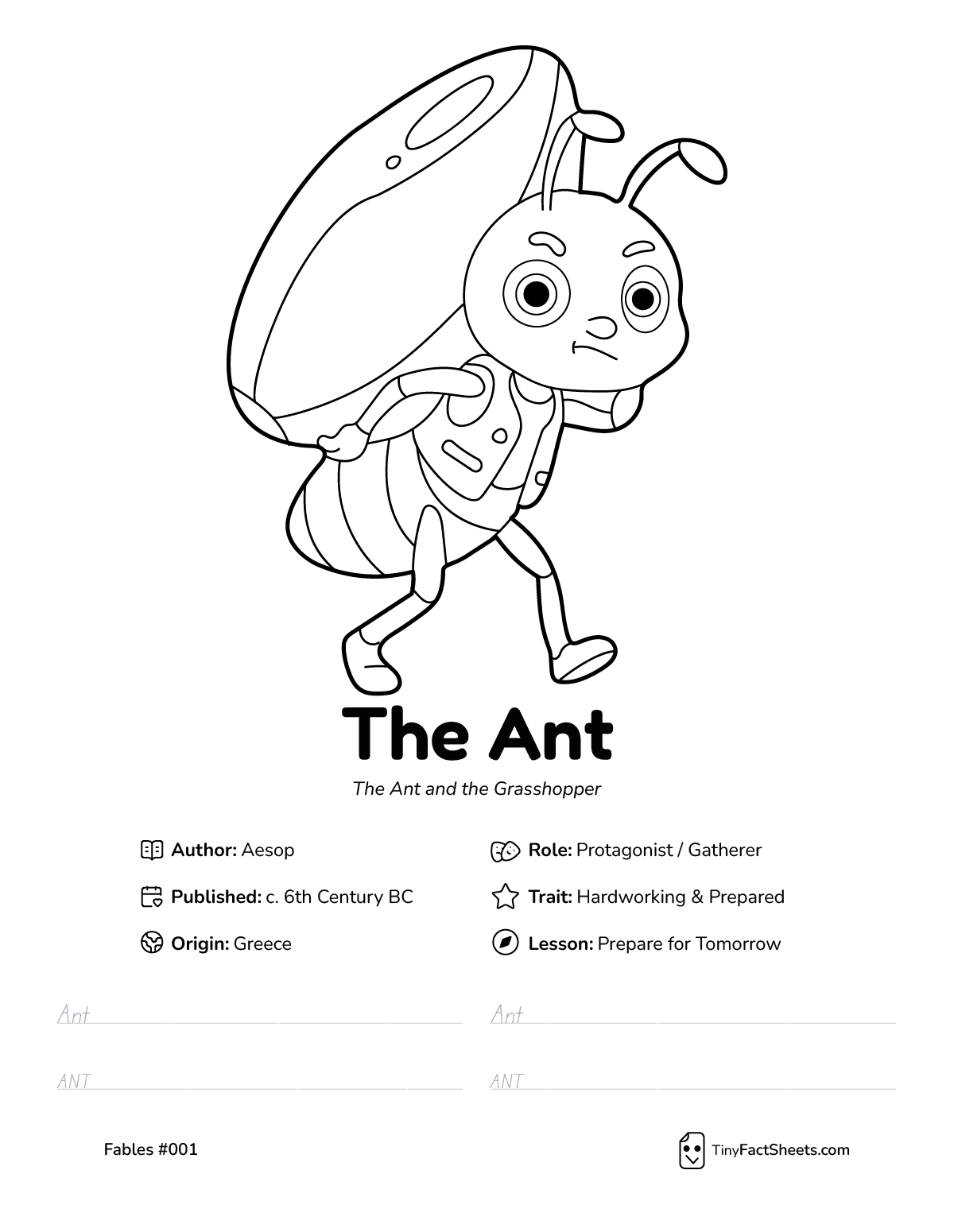 The ant fable worksheet with coloring page, facts, and handwriting practice for kids
