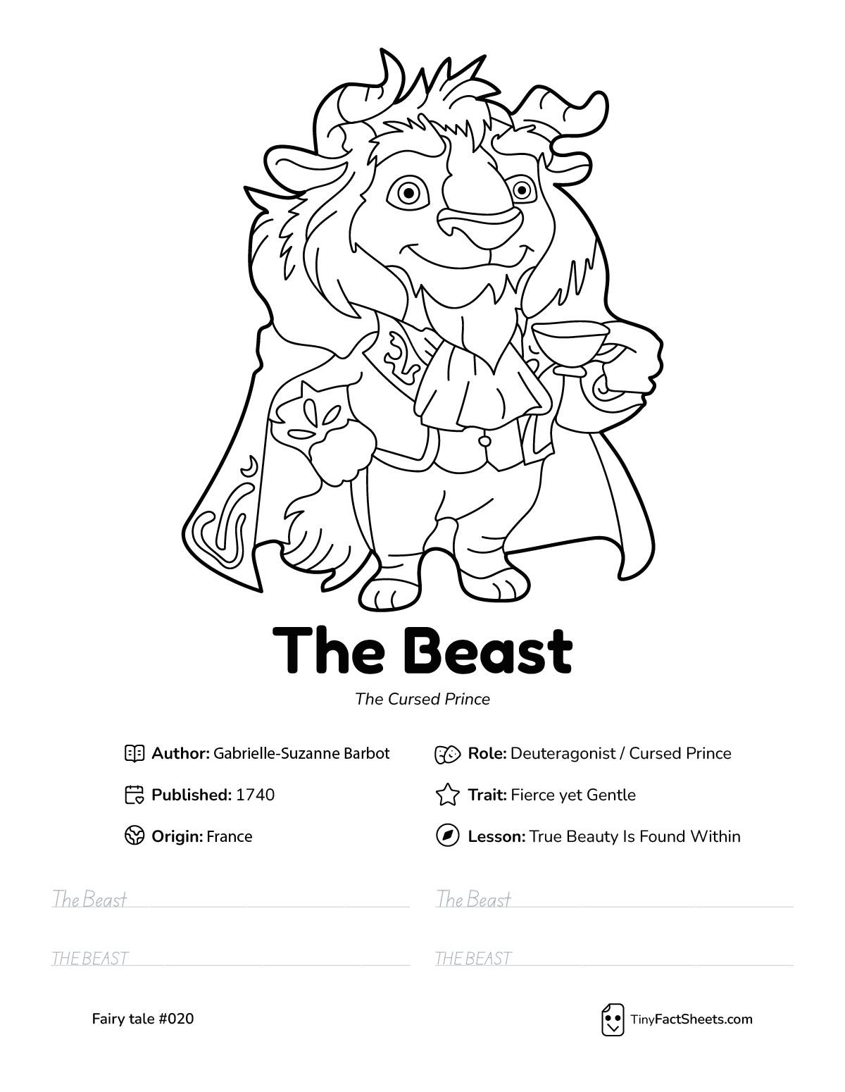 The Beast fairy tale worksheet with coloring page, facts, and handwriting practice