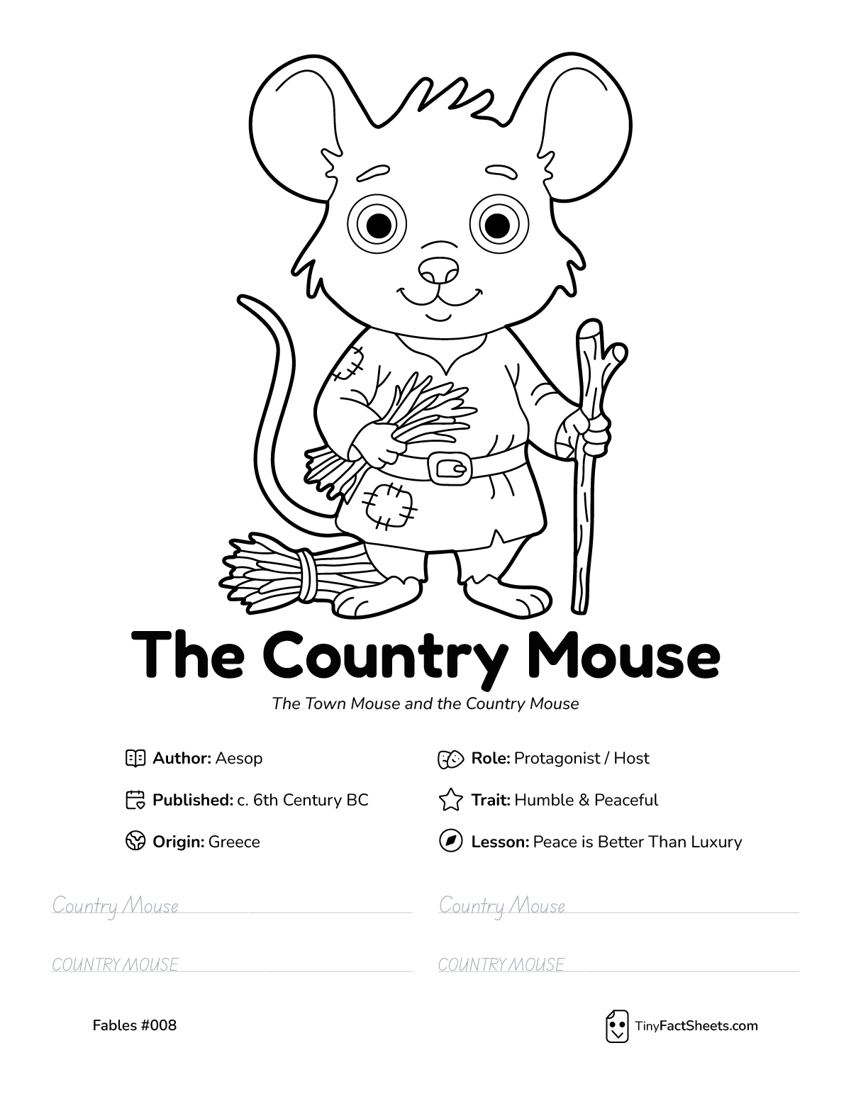 The country mouse fable worksheet with coloring page, facts, and handwriting practice for kids
