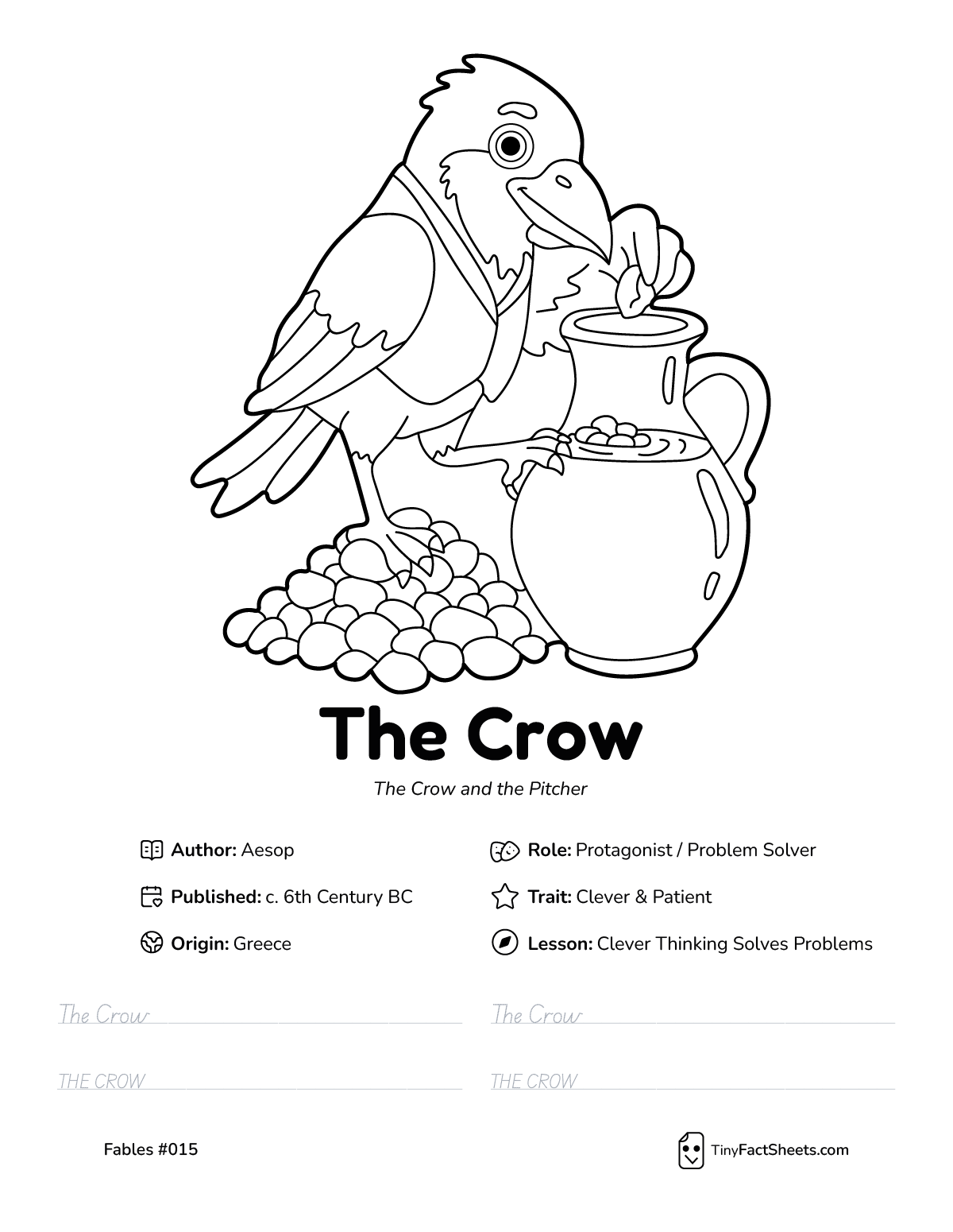 The crow fable worksheet with coloring page, facts, and handwriting practice for kids