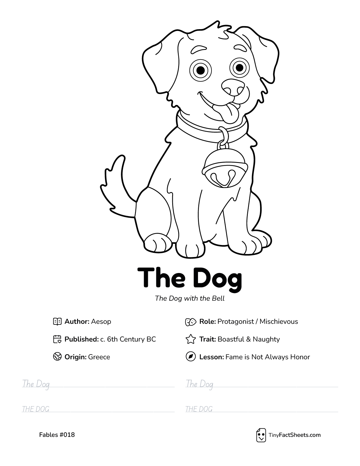 The dog fable worksheet with coloring page, facts, and handwriting practice for kids
