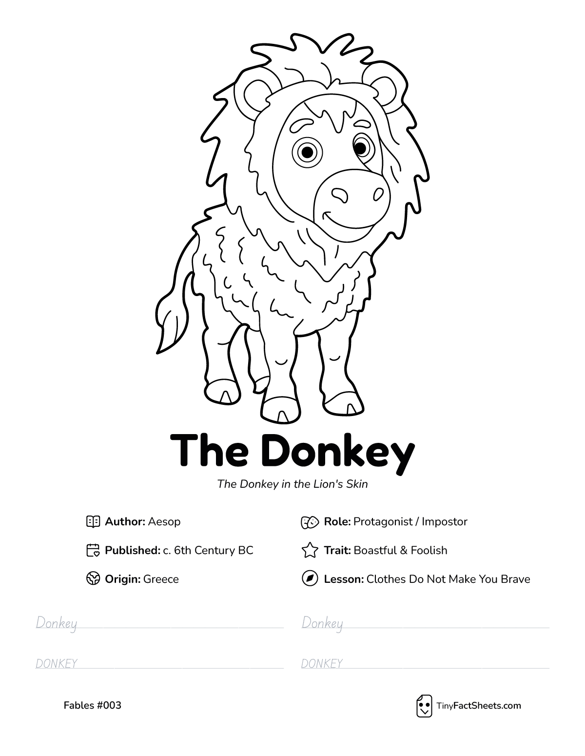 The donkey fable worksheet with coloring page, facts, and handwriting practice for kids