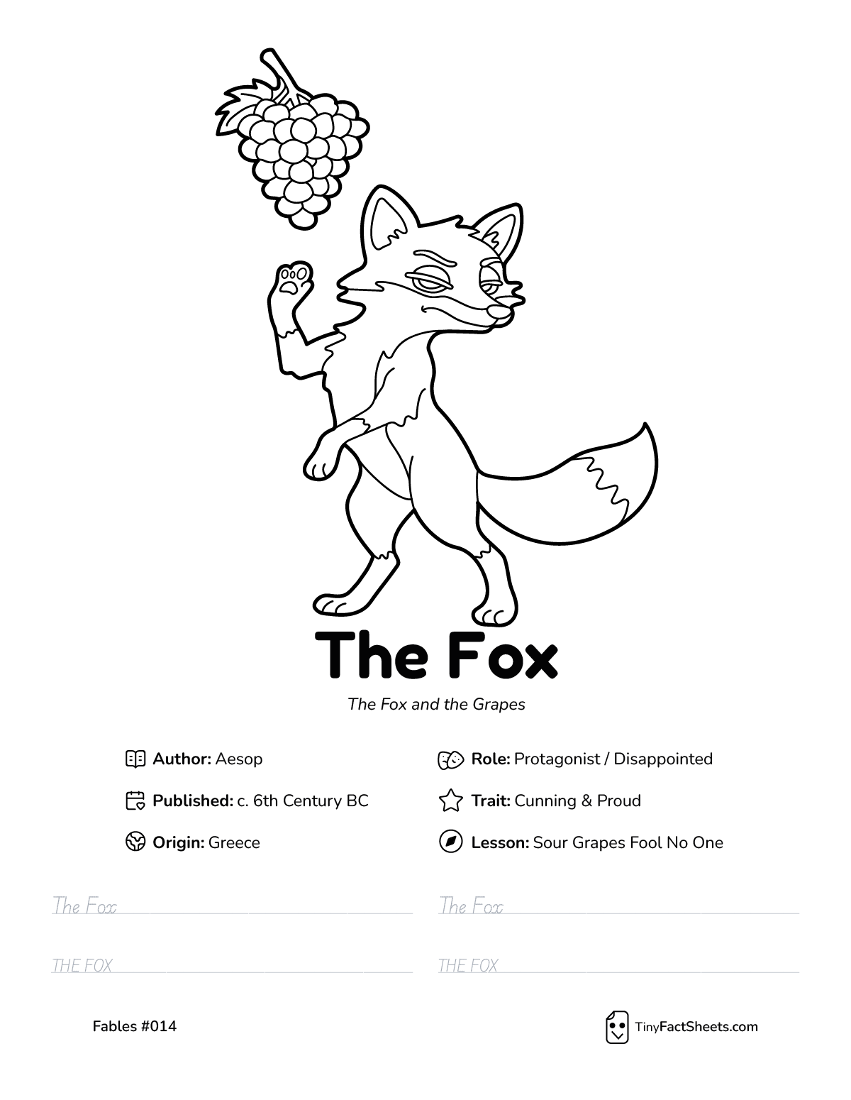 The fox fable worksheet with coloring page, facts, and handwriting practice for kids