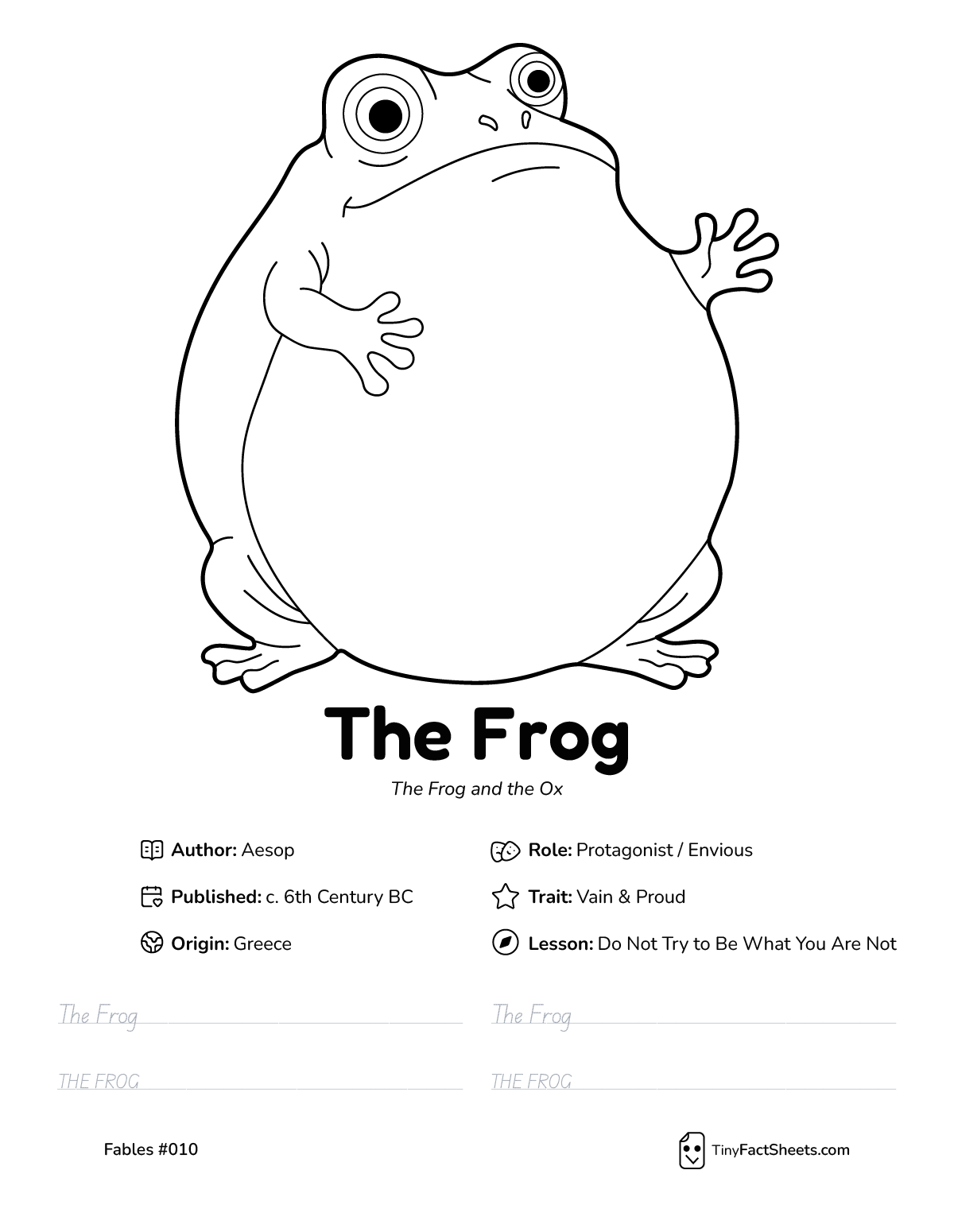 The frog fable worksheet with coloring page, facts, and handwriting practice for kids