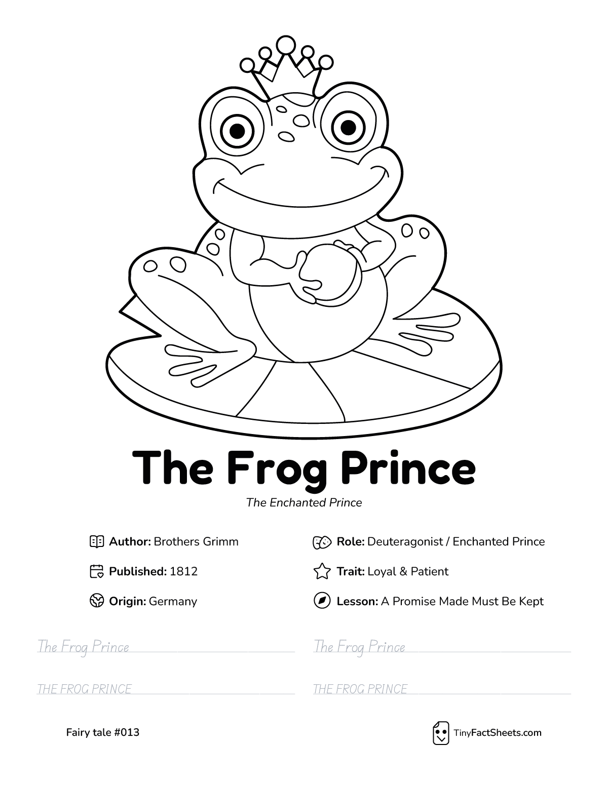 The Frog Pince fairy tale worksheet with coloring page, facts, and handwriting practice